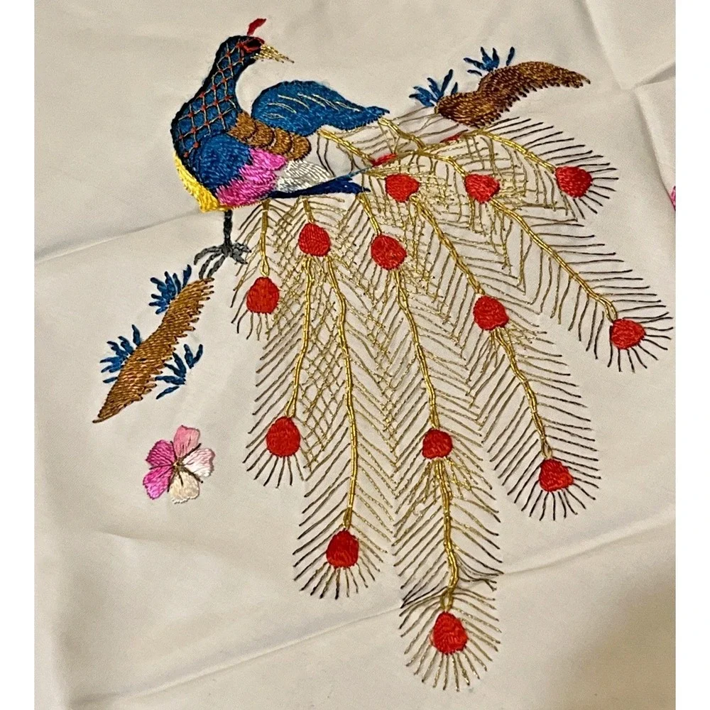 Vintage Embroidered Peacock Scarf White Square Scarf 28